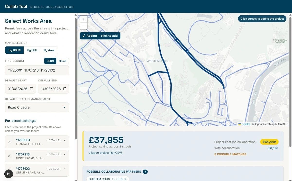 The Streets Collaboration Tool showing planned works and costing