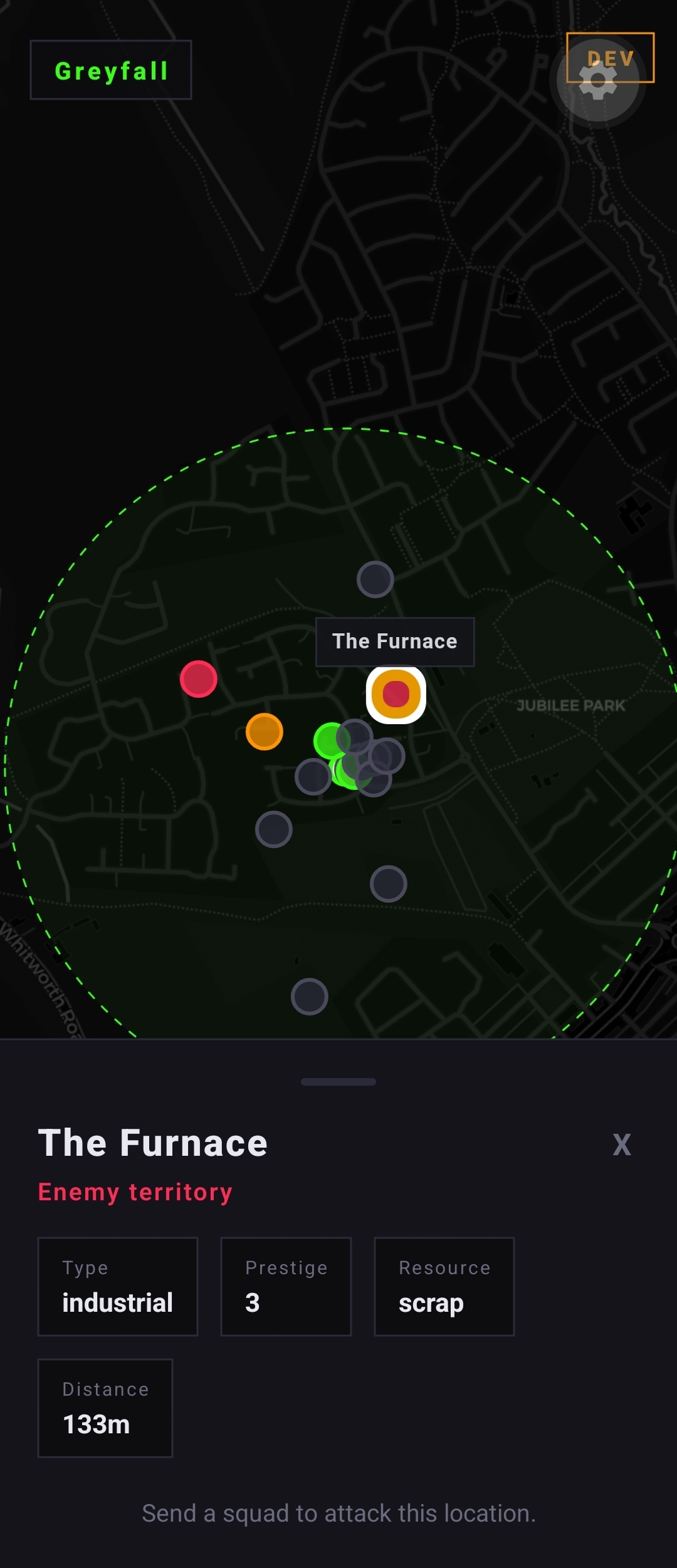 GRID map screen showing a gang's territory radius, nearby locations, and
a detail sheet for an enemy-held site