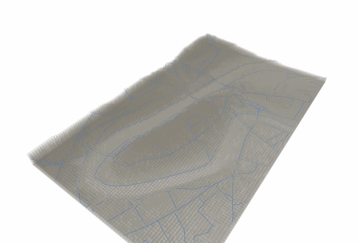 3D mesh of Durham peninsula street centrelines draped over a LIDAR terrain model