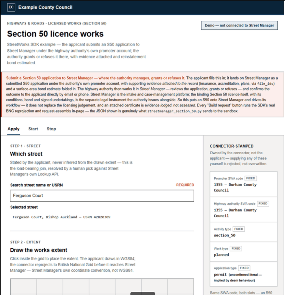 Screenshot of an example Section 50 application page built against the Street Manager API