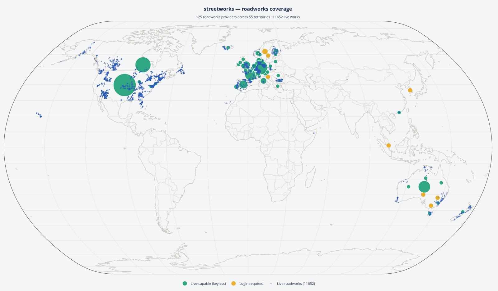 World map of live roadworks pulled through the SDK, blue dots marking works sites