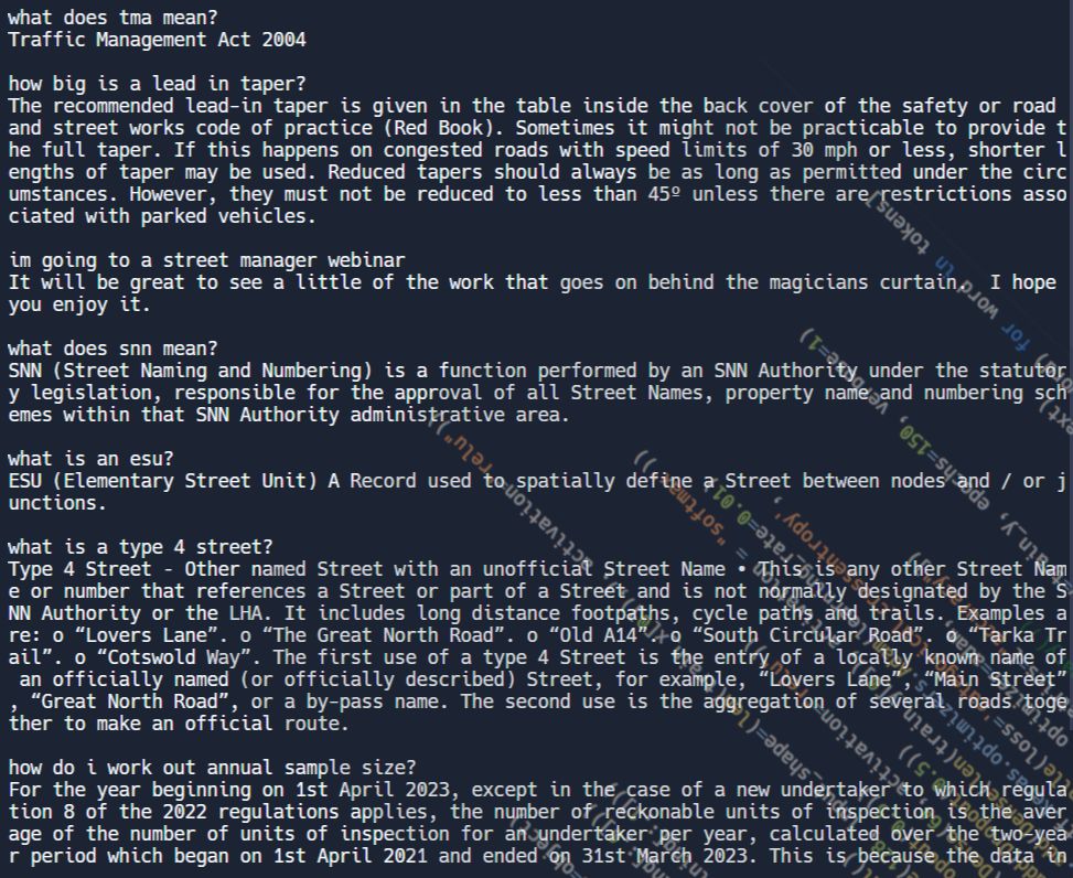 The 2023 chatbot answering street works questions on the Traffic Management Act, lead-in tapers, street naming and numbering, ESUs and type 4 streets